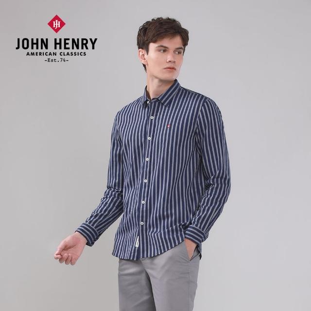 【JOHN HENRY】條紋相間長袖襯衫-深藍