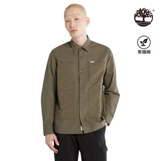 【Timberland】男款軍綠色有機棉寬鬆混合材質口袋襯衫外套(A5Y9NA58)