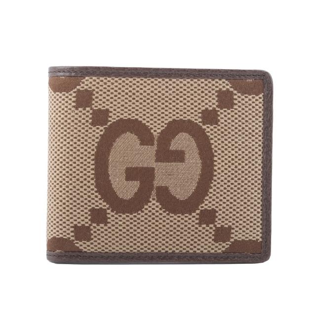 【GUCCI 古馳】Jumbo GG Logo 緹花布及皮革對開8卡短夾(棕色)