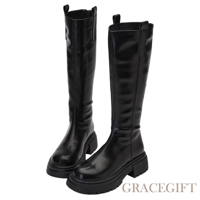 【Grace Gift】摩登時尚圓頭層次長筒靴