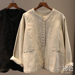 【初色】棉麻風純色中大碼簡約長袖圓領排釦外套上衣-共2色-30803(L-2XL可選)