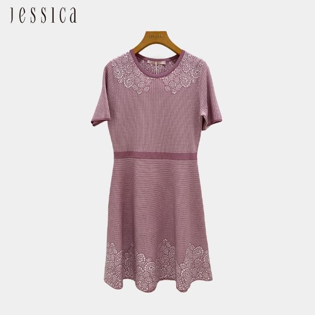 【JESSICA】氣質花卉繡花收腰短袖針織洋裝23327T（粉紫）