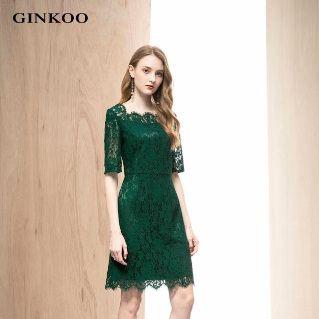 【GINKOO 俊克】雕花蕾絲五分袖洋裝