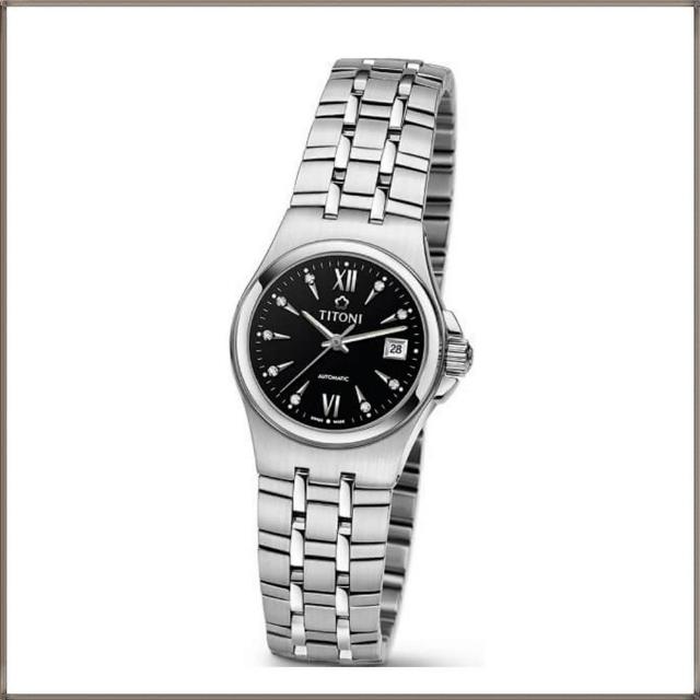 【TITONI 梅花錶】官方授權T1 女 動力 優雅自動機械腕錶-黑面鍊帶-錶徑27mm-贈高檔6入收藏盒(23730S-515)