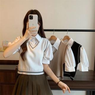 【D.studio】韓版學院風假兩件針織背心泡泡袖短袖上衣(女裝 顯瘦上衣 衣服 寬鬆上衣 T471)