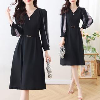 【REKO】玩美衣櫃時尚黑洋裝時髦修身長袖連身裙M-3XL