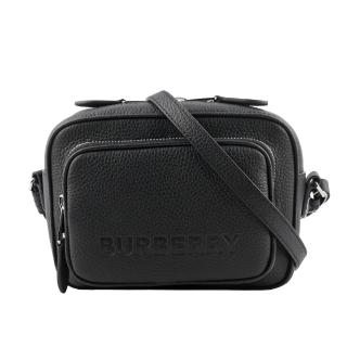 【BURBERRY 巴寶莉】Logo 壓印牛皮口袋小款相機包(黑色)