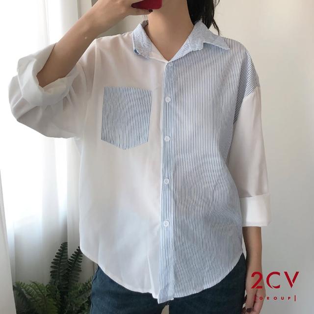 【2CV】現貨 冬新品條紋拼接襯衫QS001