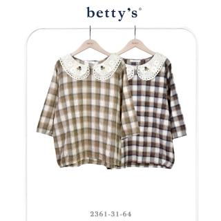 【betty’s 貝蒂思】雙層鏤空蕾絲領片格紋七分袖上衣(共二色)
