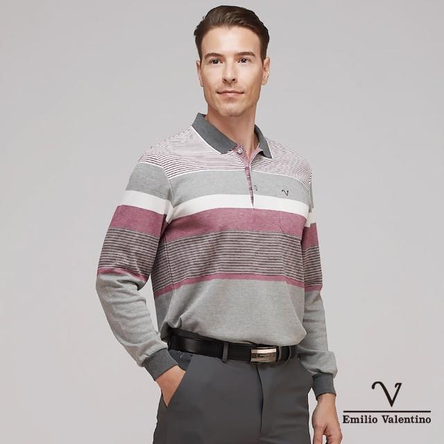 【Emilio Valentino 范倫鐵諾】蓄熱保暖棉質磨毛定位條紋長袖POLO衫 灰 紅(21-3V7882)