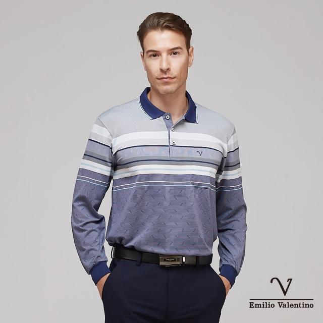 【Emilio Valentino 范倫鐵諾】男裝吸濕彈性速乾直橫紋胸袋薄長袖POLO衫_藍/灰(15-3V7953)