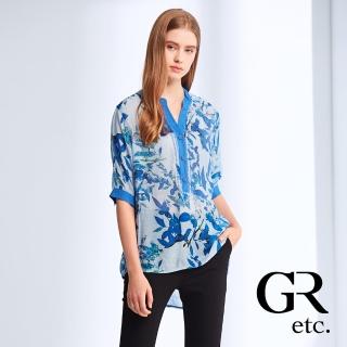 【GLORY21】品牌魅力款-etc.棉質印花亮鑽V領五分袖襯衫(藍色)
