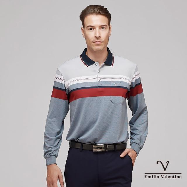 【Emilio Valentino 范倫鐵諾】男裝吸濕彈性速乾直橫紋胸袋薄長袖POLO衫_藍 灰 紅(15-3V7952)