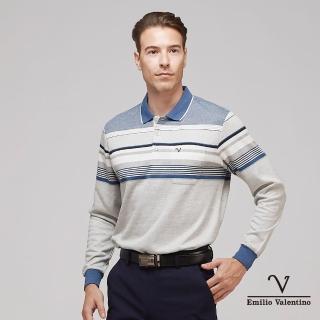 【Emilio Valentino 范倫鐵諾】蓄熱保暖棉質磨毛定位條紋長袖POLO衫 灰/藍(21-3V7885)