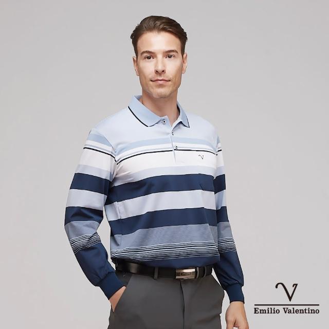 【Emilio Valentino 范倫鐵諾】男裝吸濕彈性速乾直橫紋胸袋薄長袖POLO衫_藍/白(15-3V7956)