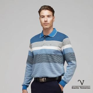 【Emilio Valentino 范倫鐵諾】蓄熱保暖棉質磨毛定位條紋長袖POLO衫 灰/藍(21-3V7883)