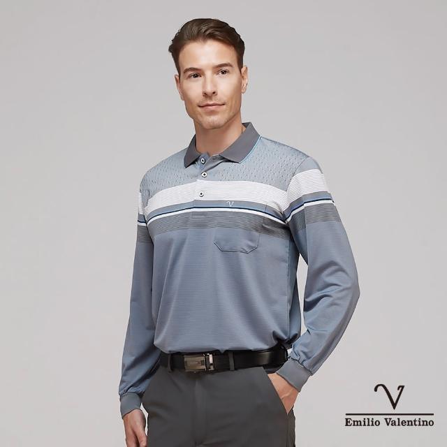 【Emilio Valentino 范倫鐵諾】男裝吸濕彈性速乾直橫紋胸袋薄長袖POLO衫_灰/白/藍(15-3V7951)