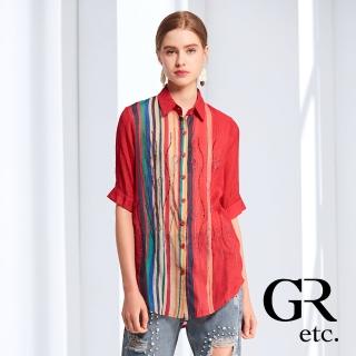 【GLORY21】品牌魅力款-etc.簡約條紋彩鑽五分袖棉質襯衫(紅色)