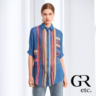 【GLORY21】品牌魅力款-etc.簡約條紋拼接亮鑽五分袖襯衫(藍色)