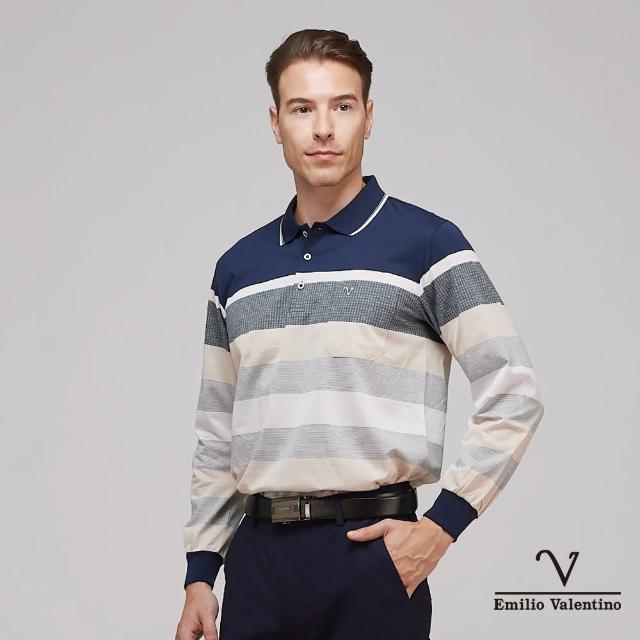 【Emilio Valentino 范倫鐵諾】男裝 舒適透氣精梳棉定位條紋胸袋休閒長袖POLO衫 藍灰卡(15-3V7971)