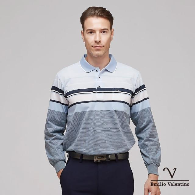 【Emilio Valentino 范倫鐵諾】男裝 舒適透氣精梳棉定位條紋胸袋休閒長袖POLO衫 藍(15-3V7973)