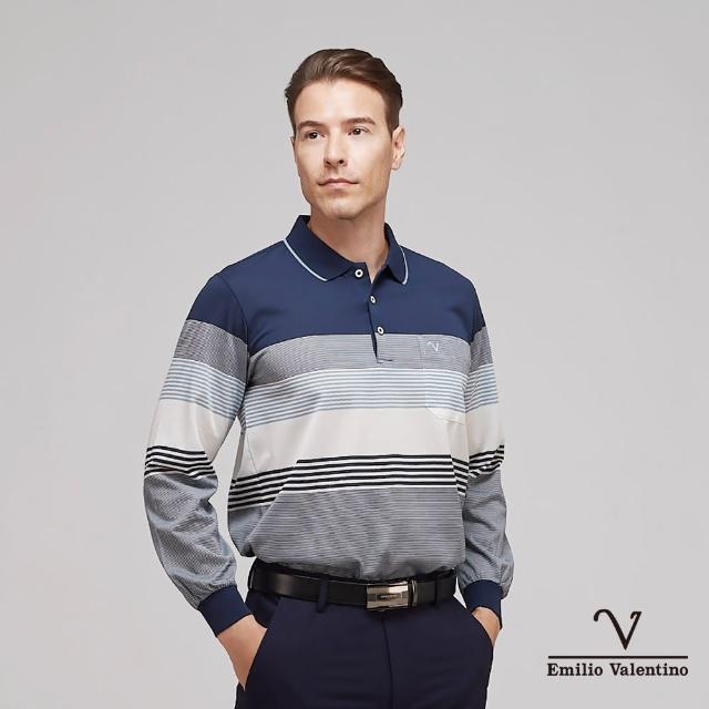 【Emilio Valentino 范倫鐵諾】男裝 舒適透氣精梳棉定位條紋胸袋休閒長袖POLO衫 藍(15-3V7976)