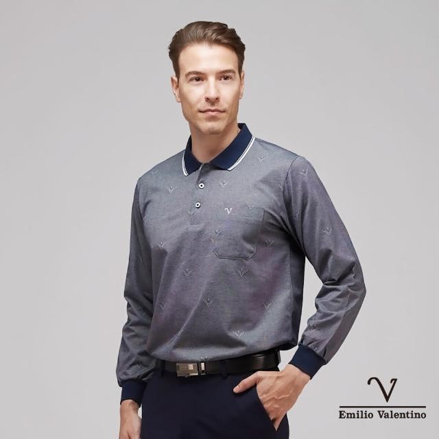 【Emilio Valentino 范倫鐵諾】男裝 舒適透氣精梳棉定位胸袋休閒薄款長袖POLO衫 藍(15-3V7979)