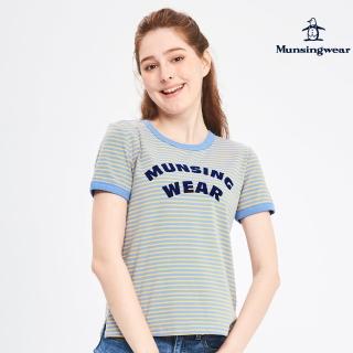 【Munsingwear】企鵝牌 女款寶藍色細條紋植絨印花短袖T-SHIRT MLRL2523