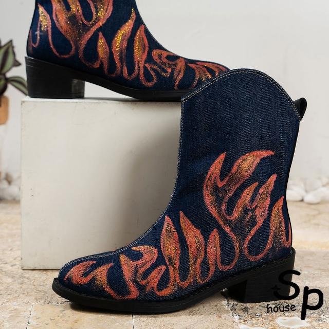 【Sp house】火焰刺繡牛仔布西部粗跟中筒靴(藍色)