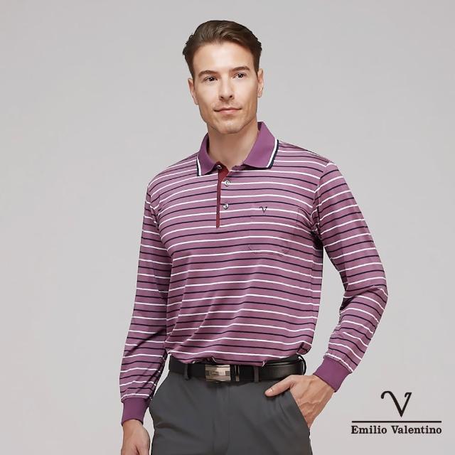 【Emilio Valentino 范倫鐵諾】男裝吸濕彈性速乾橫紋胸袋薄長袖POLO衫_紫/白/藍(66-3V7165)