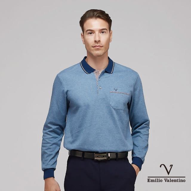 【Emilio Valentino 范倫鐵諾】蓄熱保暖棉質磨毛素面長袖POLO衫 藍(21-3V7891)