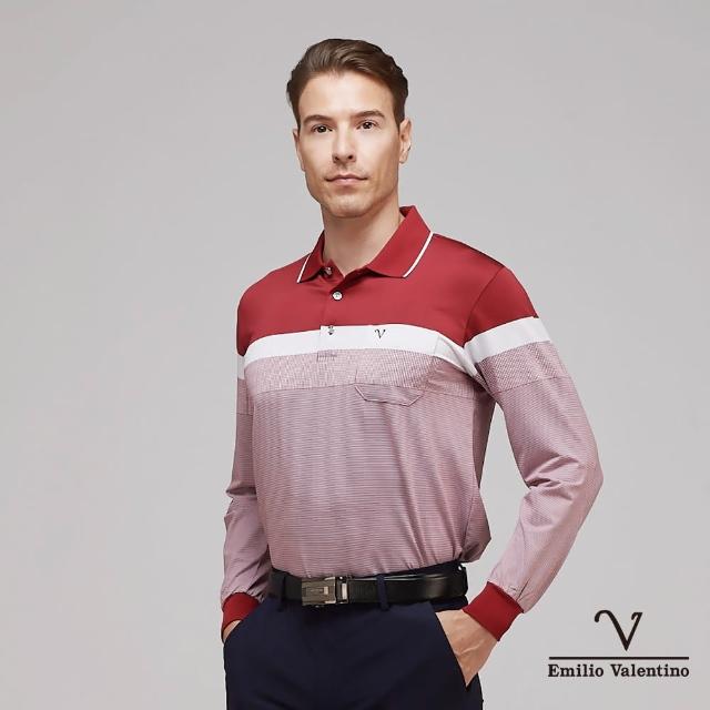 【Emilio Valentino 范倫鐵諾】男裝吸濕彈性速乾橫紋胸袋薄長袖POLO衫_紅(66-3V7163)