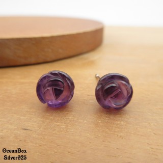 【海洋盒子】優雅漂亮紫水晶玫瑰花925純銀耳環(外鍍專櫃級正白K.貼耳耳環)