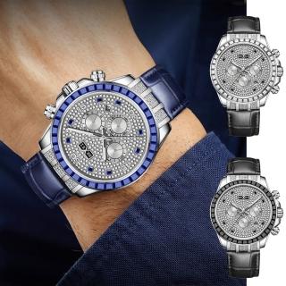 【BEXEI】卓越方鑽鑲嵌閃亮錶圈皮革自動機械錶-9156(高調奢華)