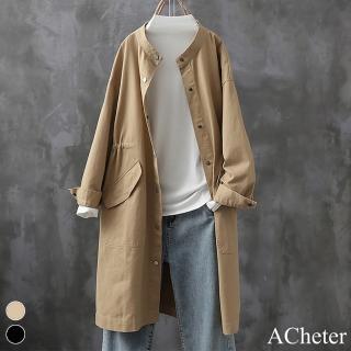 【ACheter】復古長版立領收腰風衣長袖休閒顯瘦純棉洗水圓領外套#119601(黑/卡其)