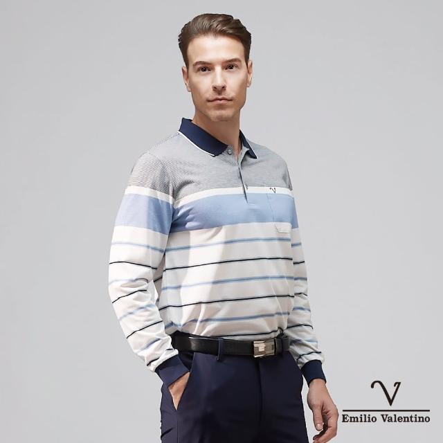 【Emilio Valentino 范倫鐵諾】男裝 舒適透氣精梳棉定位胸袋休閒薄款長袖POLO衫 藍/灰(21-3V7869)
