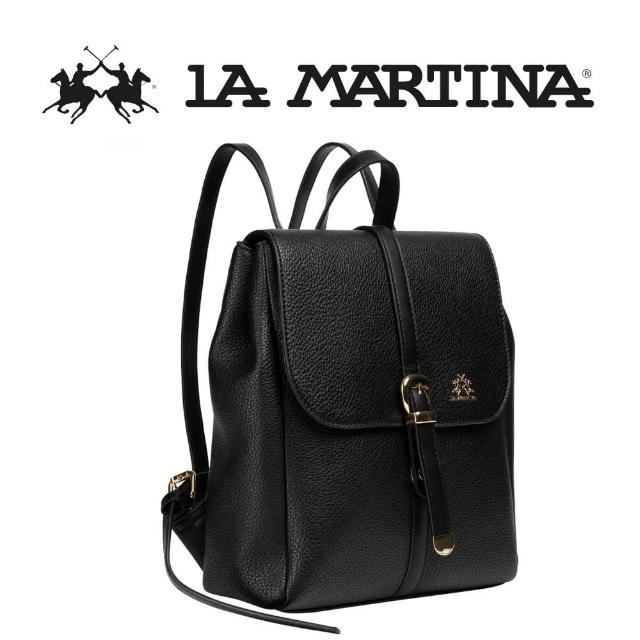 【LA MARTINA】義大利原裝進口 頂級金標素面皮革後背包 1281T(黑色)