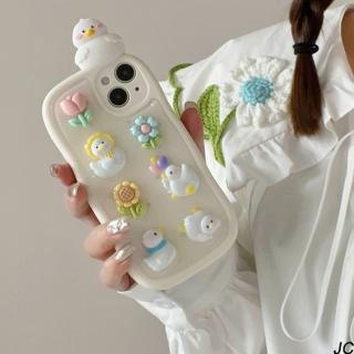 【JC Collection】可愛立體鴨鴨花朵手機軟殼背蓋適用於IPhone13&14&13pro&14pro(米色)