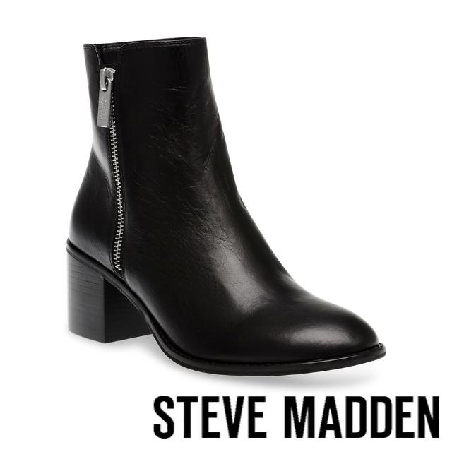 【STEVE MADDEN】RAMBLER 側拉鍊粗跟短靴(黑色)