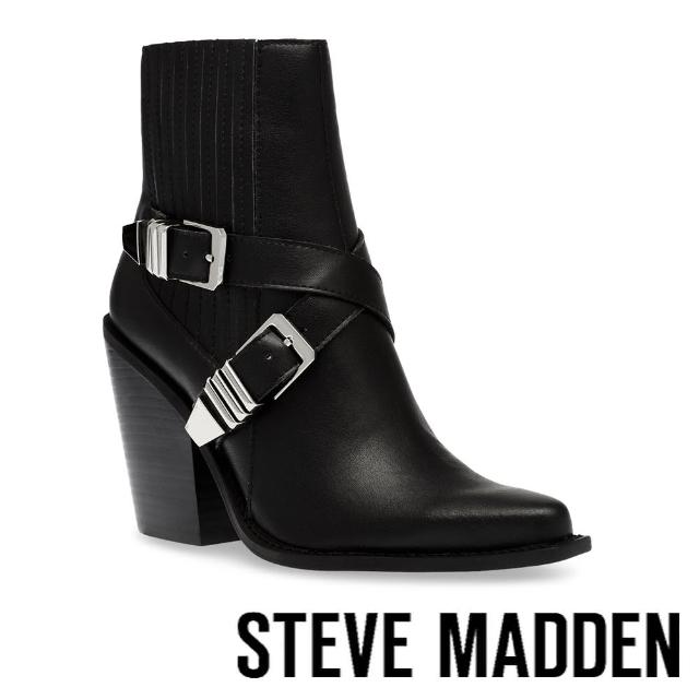 【STEVE MADDEN】SCRIPTER 交叉帶粗跟楔型短靴(黑色)