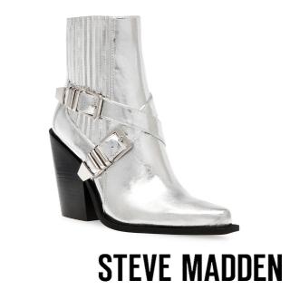 【STEVE MADDEN】SCRIPTER 交叉帶粗跟楔型短靴(銀色)