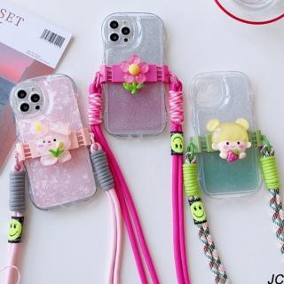 【JC Collection】立體卡通可愛手機背夾支架背繩適用於任何手機(女孩、兔子、花)