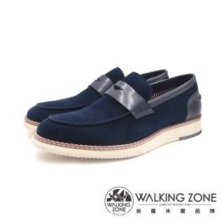 【WALKING ZONE】男 雙拼異材質牛皮樂福休閒鞋 男鞋(藍色)