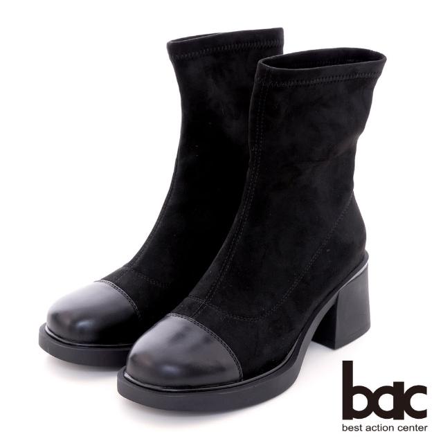 【bac】寬楦頭異材質拼接粗跟彈力短靴(黑色)