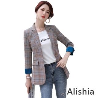 【Alishia】韓風時尚中長版格紋西裝外套(現+預 灰色 / 咖啡色)