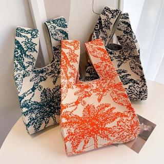 【SUMMER一夏】日韓設計抽象椰樹影影針織手拎包包時尚外出百搭便攜包托特包(ins風手拎式背心托特包)