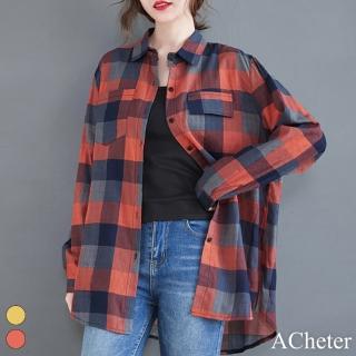 【ACheter】棉質翻領長袖襯衫寬鬆大碼格子口袋休閒中長上衣外罩#119603(紅/黃)