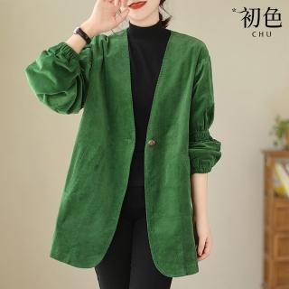 【初色】復古高級西裝感燈籠袖設計長袖外套-綠色-30988(M-2XL可選)