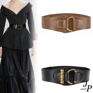 【Jpqueen】時尚復古風金扣牛皮女士鬆緊腰帶皮帶腰封(5色可選)