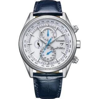 【CITIZEN 星辰】GENTS 光動能 電波計時 皮革帶腕錶 43mm 銀藍(AT8260-18A)
